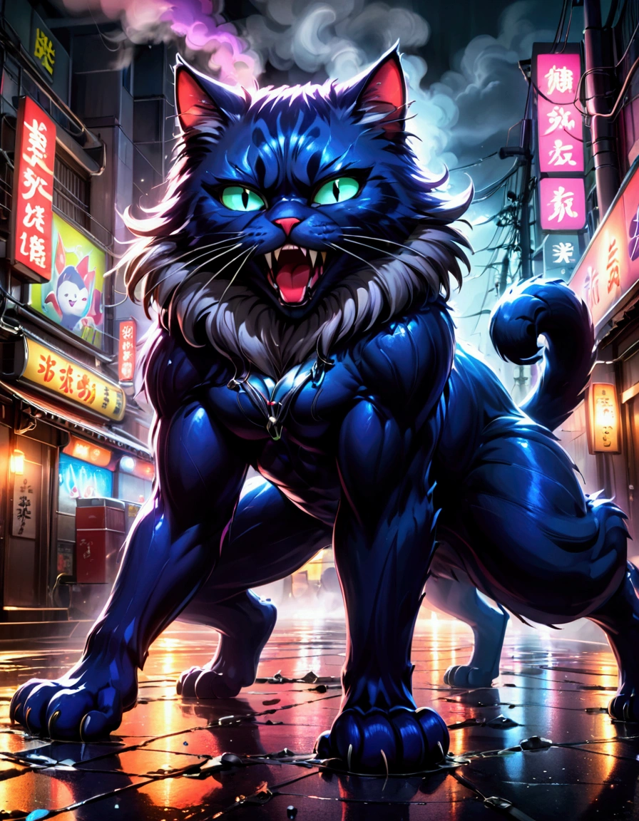 a gigantic cat rampaging in tokyo, battering tanks like toys, night scene, cinematic lighting, dramatic composition, highly detailed, hyper realistic, 8k, photorealistic, cinematic atmosphere, dark moody colors, neon lights, reflections in puddles, steam and smoke, sense of chaos and destruction, dramatic camera angle, ultra detailed fur and textures, piercing eyes, sharp fangs, massive claws, powerful muscles, 1 cat, dynamic pose