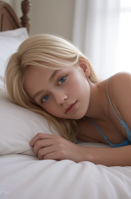 *************** blonde girl laying on her back in bed. full body view. blue panties. no top. eager to please. actually ***** up. from a universe where ** is the age of consent. parallel universe. eager to please. her name is Lilly