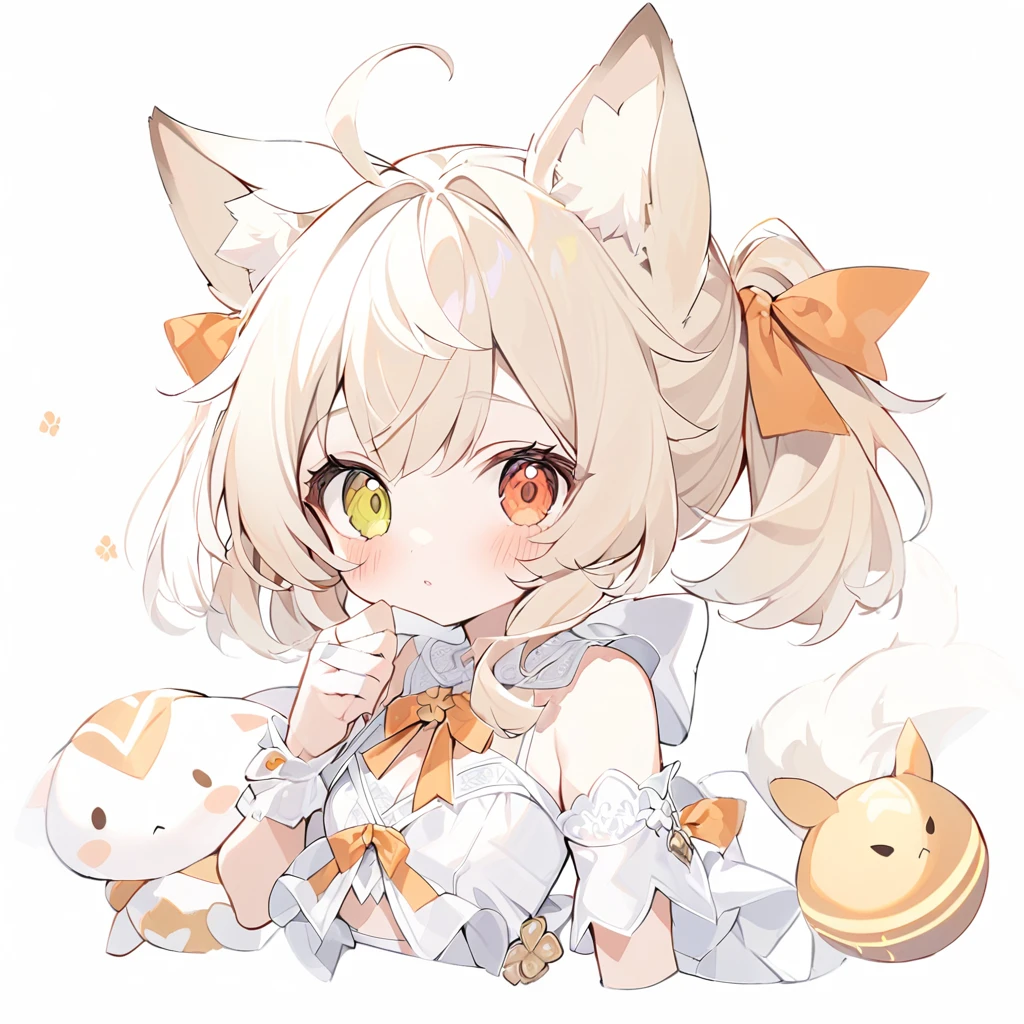 The fox girl,1girl,short hair, The hairstyle is like Klee's,animal ears, bangs, bare shoulders, blonde hair, blush, bow, breasts, white cleavage, cropped torso, , green eyes, hair ribbon, heterochromia, , looking at viewer, , orange bow, orange eyes, orange ribbon,  ribbon, solo, stuffed animal, , , twintails, upper body, full-length, white legbands, white shoes with lace and white bows, white background, wrist cuffs, yellow eyes, bloomers, close-up, fair skin frills, lace, midriff, skirt, solo, , white background,shorts, white top with ribbon and lace and trousers,trousers, genshin,white slippers with a bow,All clothes are white, laceAt full height, it stands,bandaged hands, short hair , ankle lace-up, ankle ribbon, bow, leg ribbon, lineart, , shoes, , standing, , white bow, white footwear,