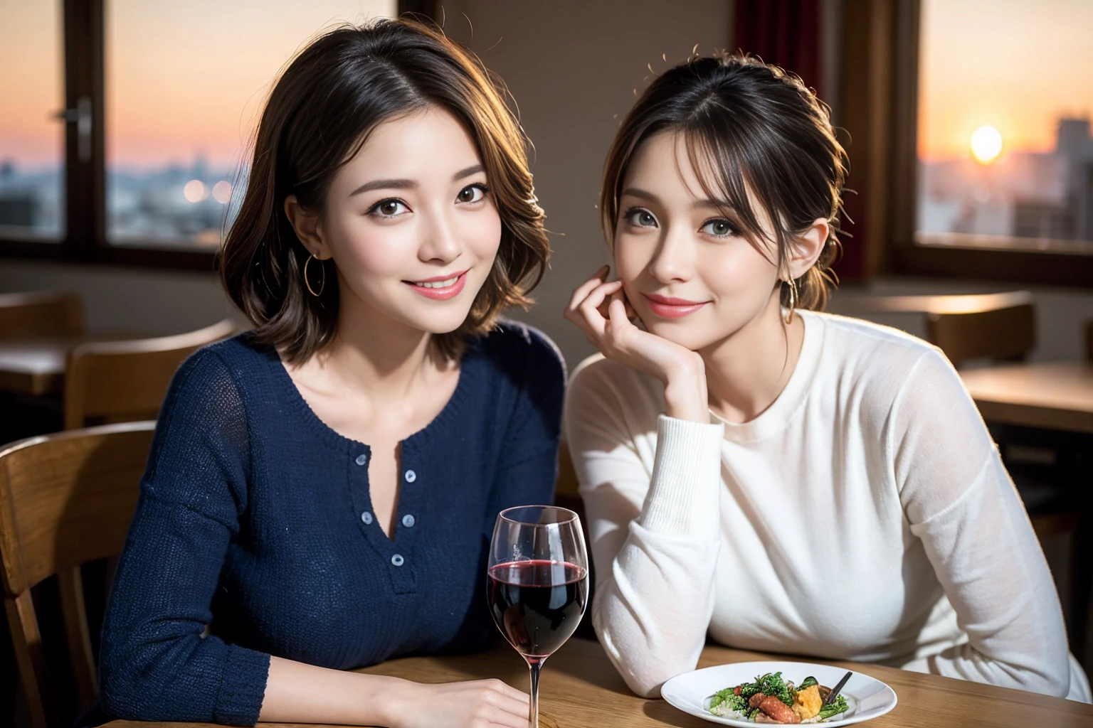 (Realistic:1.2),(masterpiece,Highest quality),8k,((men and women)),Age 35,37 years old、最高のsmile、Happy Couple, Full course dinner at the table、Wine Party、wine glass、White wine、sparkling wine、red wine、Upper Body、Tight waist,Perfect Anatomy, Brown Hair, short hair,Random Hairstyles,Amazing view of the sunset sky and clouds、Long sleeve shirt、dress,((Highly detailed face and eyes:1.2))(Cute Face:1.4),Beautiful actress face,Perfect golden ratio face,woman'suit、Nice,(smile:1.2)、