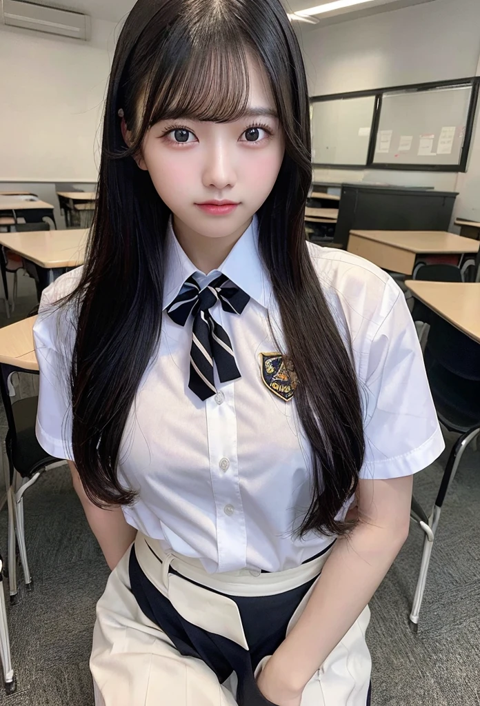 Highest quality, masterpiece, Ultra-high resolution, (Realistic: 1.4), RAW Photos, Dynamic Pose,((uniform)),Young,1 girl, Black Hair, Glowing Skin, classroom, Dramatic lighting, whole body, high school girl,