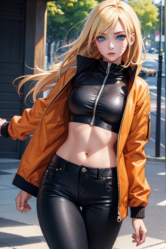 (masterpiece, best quality:1.2), expressive eyes, perfect face, highres, 1girl, solo, (female:1.5), NarukoUzumaki, blue eyes, blonde hair, long hair, facial mark, whisker markings, short hair, long sleeves, jacket, opened jacket, (naruto outfit), midriff, orange-black jacket, meshes, pants, black pants, standing, upper body, looking at the viewer