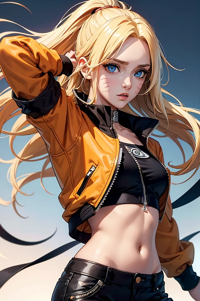 (masterpiece, best quality:1.2), expressive eyes, perfect face, highres, 1girl, solo, (female:1.5), NarukoUzumaki, blue eyes, blonde hair, long hair, facial mark, whisker markings, short hair, long sleeves, jacket, opened jacket, (naruto outfit), midriff, orange-black jacket, meshes, pants, black pants, standing, upper body, looking at the viewer