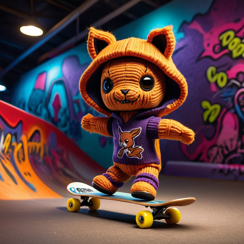 (knitted toy voodoo doll:1.7), (Voodoo Panda Skateboarding:1.3), (Clothing: casual skate outfit with glowing patterns:1.0), (Accessories: enchanted skateboard, glowing helmet, mystical knee and elbow pads:1.2), (background: skate park with floating, glowing skate elements and soft rolling sounds:1.2), best quality, masterpiece, detailed soft oil painting, detailed background, dramatic cinematic lighting, soft edge lighting, professional, dramatic lighting, hard edge lighting, ultra quality, 4k, masterpiece, best quality, 8k, ultra high definition, high resolution, extremely detailed