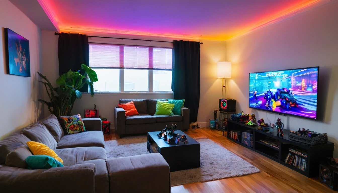small apartment living room with big screen tv , neon lights, games, action figures