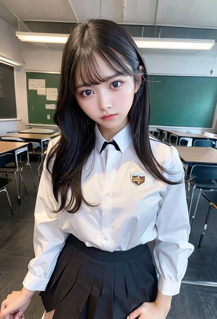 Highest quality, masterpiece, Ultra-high resolution, (Realistic: 1.4), RAW Photos, Dynamic Pose,((uniform)),Young,1 girl, Black Hair, Glowing Skin, classroom, Dramatic lighting, whole body, high school girl,