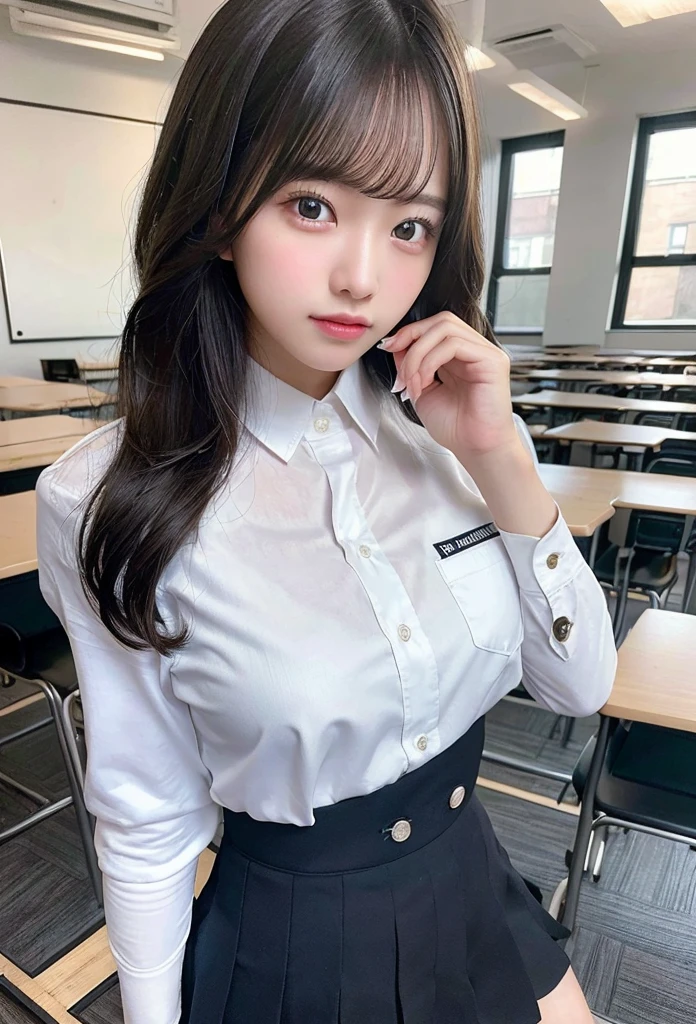 Highest quality, masterpiece, Ultra-high resolution, (Realistic: 1.4), RAW Photos, Dynamic Pose,((uniform)),Young,1 girl, Black Hair, Glowing Skin, classroom, Dramatic lighting, whole body, high school girl,