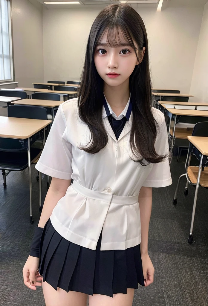 Highest quality, masterpiece, Ultra-high resolution, (Realistic: 1.4), RAW Photos, Dynamic Pose,((uniform)),Young,1 girl, Black Hair, Glowing Skin, classroom, Dramatic lighting, whole body, high school girl,