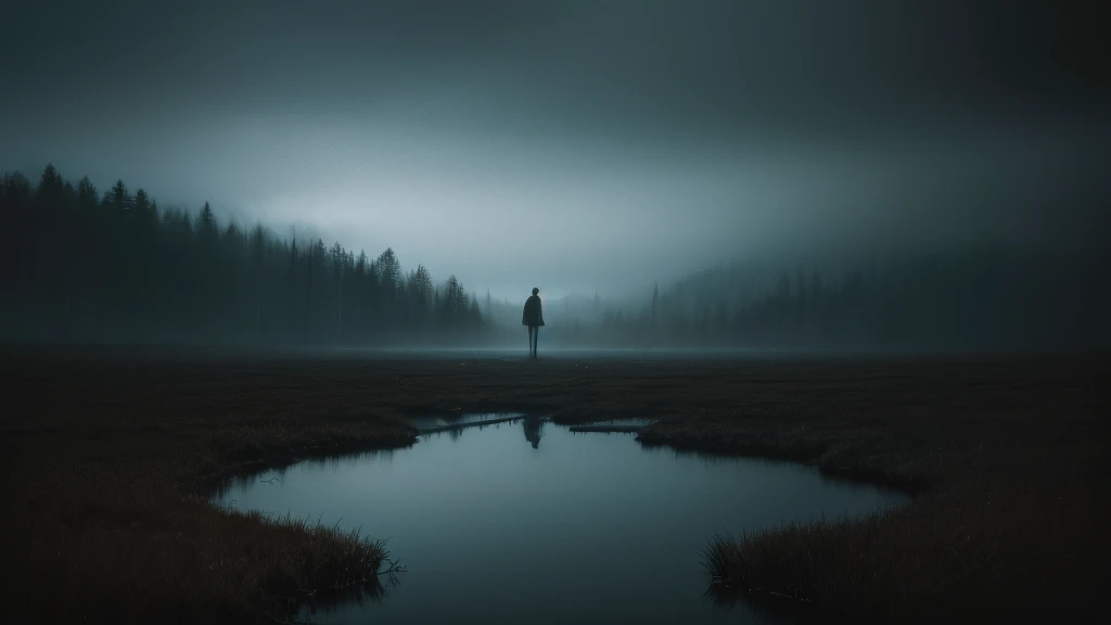 surreal image that conveys deep sadness, melancholy and isolation. Imagine a desolate landscape under a gloomy sky, where the colors are dull and the atmosphere feels heavy. In the center, place a solitary figure whose body appears to disintegrate in the wind, symbolizing a sense of disappearance. Surround this figure with surreal elements, such as floating clocks, distorted mirrors, and ethereal shadows that reflect a dreamlike quality. Ensure the overall composition evokes a feeling of deep loneliness and introspection, with intricate details drawing the viewer into a world of haunting beauty and emotional depth from the dark underworld landscape of my dreams and nightmares.