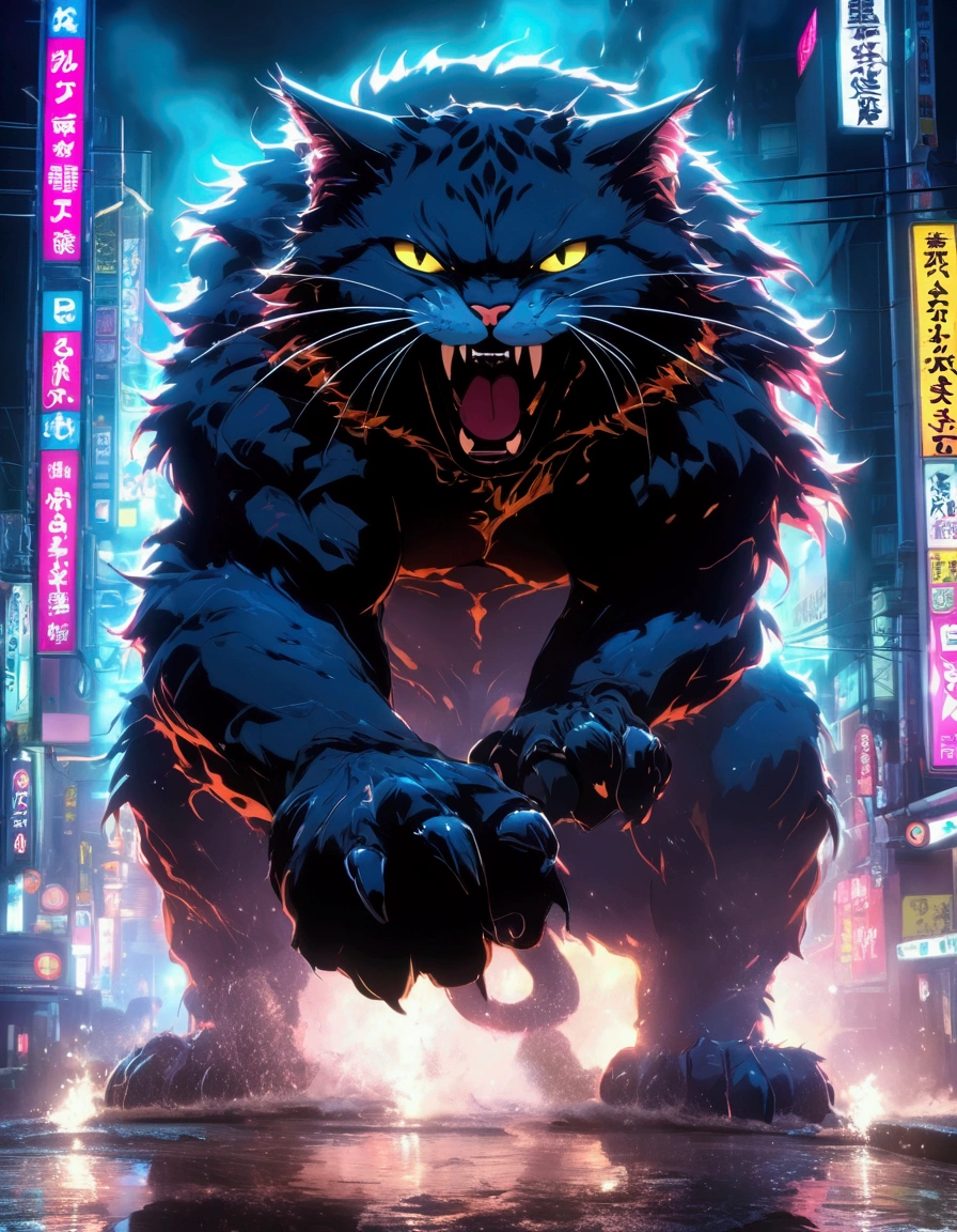 a gigantic cat rampaging in tokyo, battering tanks like toys, night scene, cinematic lighting, dramatic composition, highly detailed, hyper realistic, 8k, photorealistic, cinematic atmosphere, dark moody colors, neon lights, reflections in puddles, steam and smoke, sense of chaos and destruction, dramatic camera angle, ultra detailed fur and textures, piercing eyes, sharp fangs, massive claws, powerful muscles, 1 cat, dynamic pose
