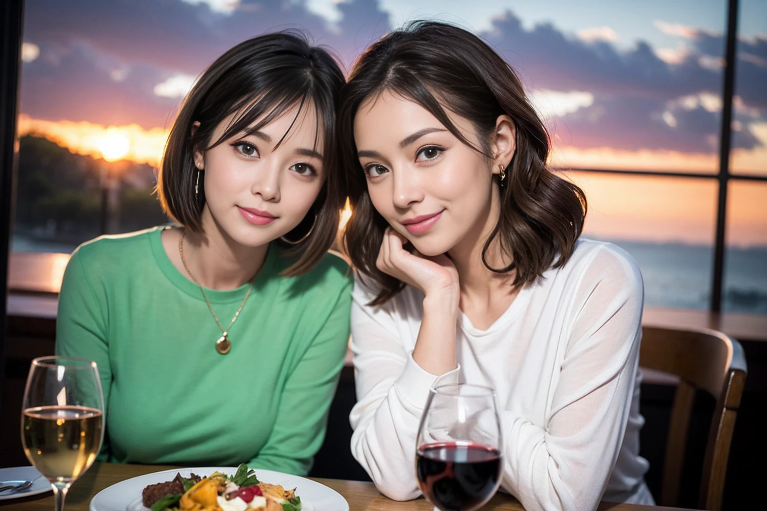(Realistic:1.2),(masterpiece,Highest quality),8k,((men and women)),Age 35,37 years old、最高のsmile、Happy Couple, Full course dinner at the table、Wine Party、wine glass、White wine、sparkling wine、red wine、Upper Body、Tight waist,Perfect Anatomy, Brown Hair, short hair,Random Hairstyles,Amazing view of the sunset sky and clouds、Long sleeve shirt、dress,((Highly detailed face and eyes:1.2))(Cute Face:1.4),Beautiful actress face,Perfect golden ratio face,woman'suit、Nice,(smile:1.2)、