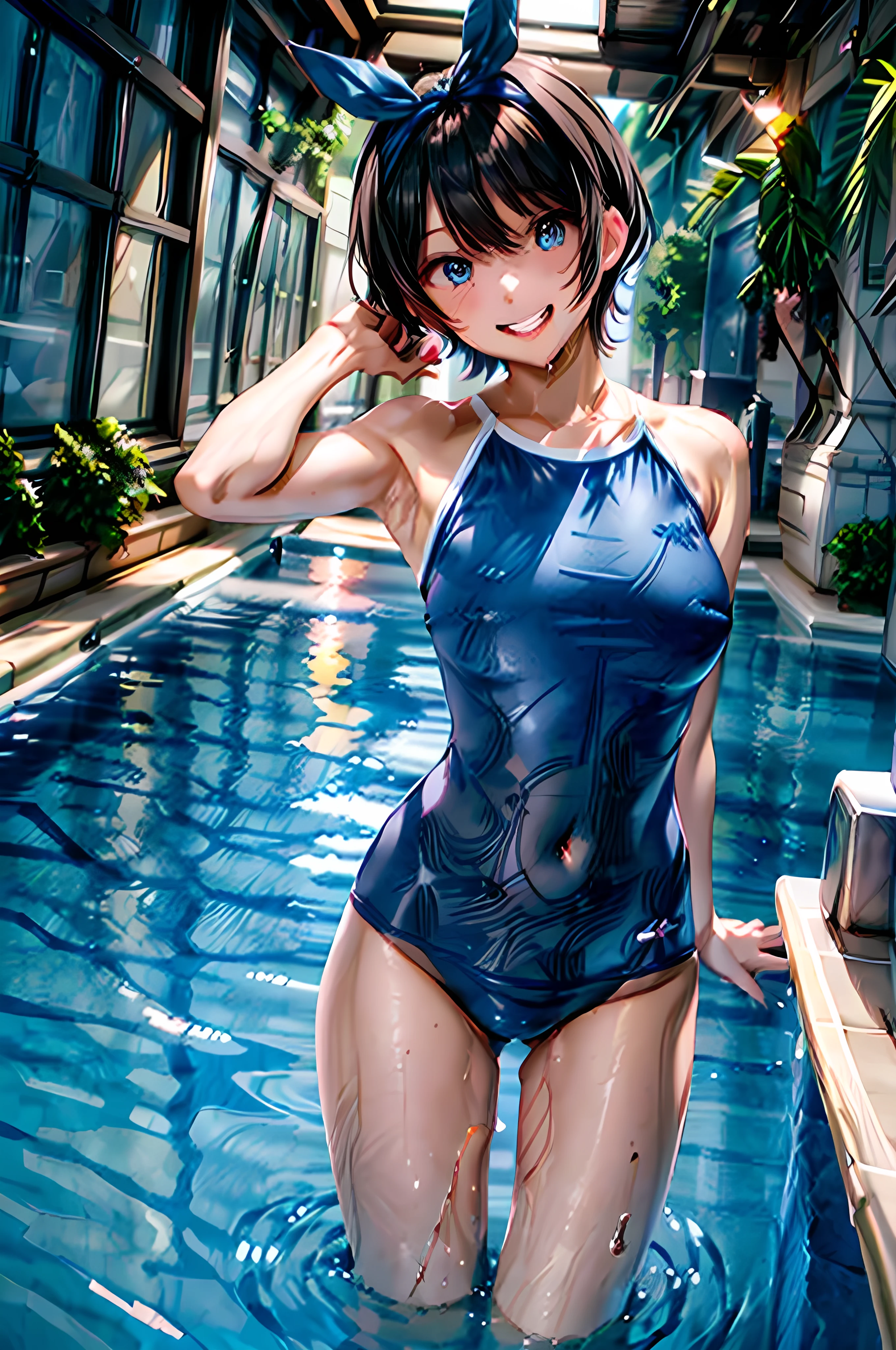 1girl, solo, BREAK (Blue eyes) BREAK, BREAK school swimsuit, (T405, blue one-piece swimsuit,) BREAK, BREAK black hair, short hair, bangs, BREAK hairband, hair ribbon, blue hairband, bow BREAK, (sarashina ruka), Sharp pupils, Full Face, (Captivating smile, Grin:1.2), (Anxious expression), (blush:1.2), (Open your mouth, Long Tongue), (traces of saliva, Drooling:1.1),, Perfect Anatomy, Hide your hands behind your head, Larger breasts, Beautiful Skin, (tanskin), masterpiece:1.2, Highest quality, Highest quality, Winner of numerous top awards, night, (nightpool), reinopool, Night pool in a luxury resort hotel, pink lighting