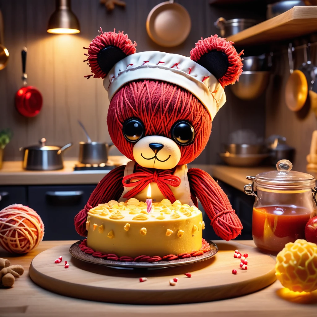 (knitted toy voodoo doll:1.9), (Voodoo Bear Baking a Cake:1.3), (Clothing: apron with honeycomb patterns:1.0), (Accessories: enchanted mixing bowl, glowing frosting:1.2), (background: cozy kitchen with floating, glowing ingredients and mystical light:1.2), best quality, masterpiece, detailed soft oil painting, detailed background, dramatic cinematic lighting, soft edge lighting, professional, dramatic lighting, hard edge lighting, ultra quality, 4k, masterpiece, best quality, 8k, ultra high definition, high resolution, extremely detailed
