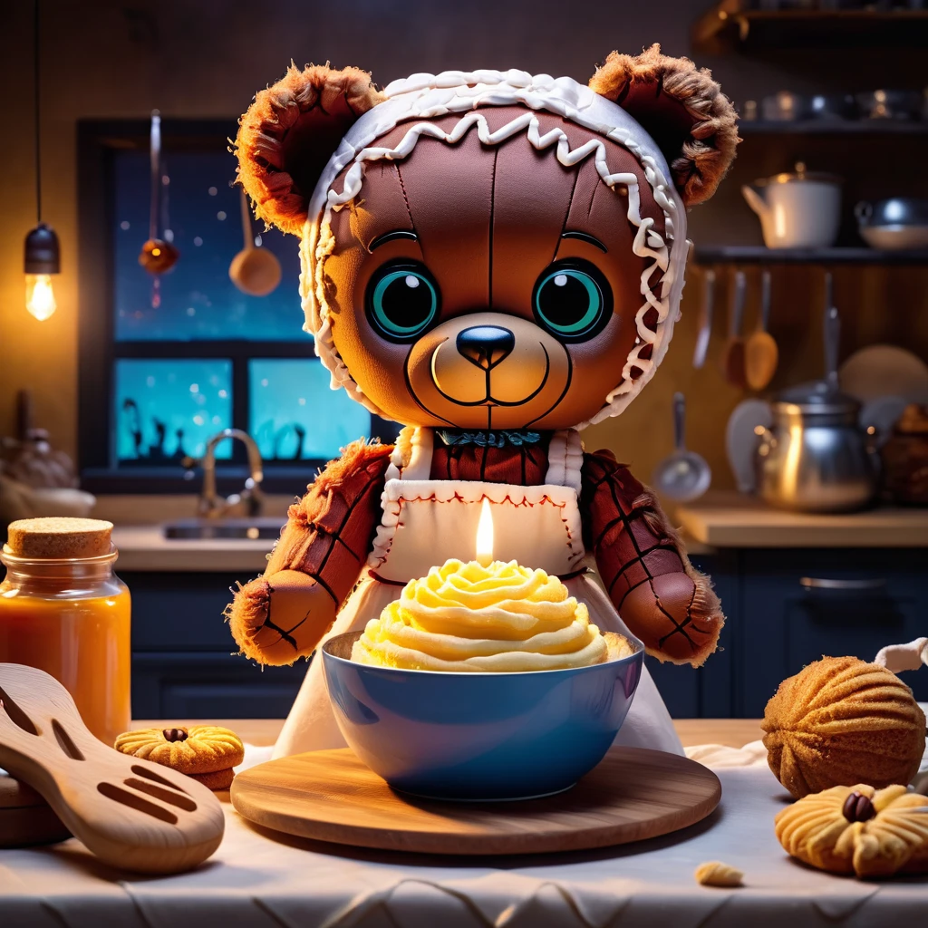 (knitted toy voodoo doll:1.7), (Voodoo Bear Baking a Cake:1.3), (Clothing: apron with honeycomb patterns:1.0), (Accessories: enchanted mixing bowl, glowing frosting:1.2), (background: cozy kitchen with floating, glowing ingredients and mystical light:1.2), best quality, masterpiece, detailed soft oil painting, detailed background, dramatic cinematic lighting, soft edge lighting, professional, dramatic lighting, hard edge lighting, ultra quality, 4k, masterpiece, best quality, 8k, ultra high definition, high resolution, extremely detailed