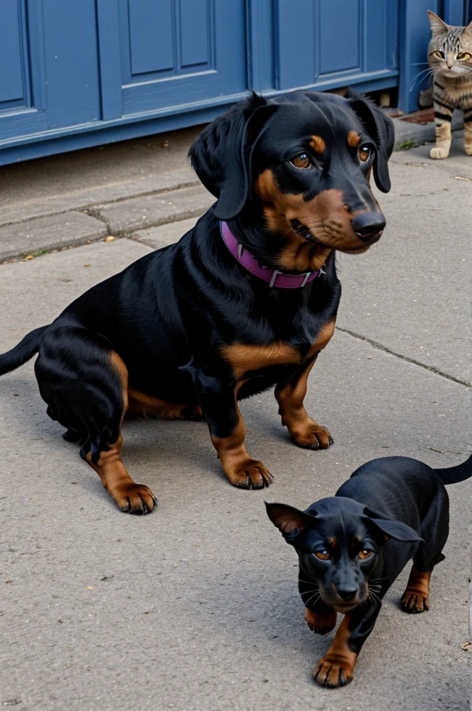 an angry black dachshund with a lead cat