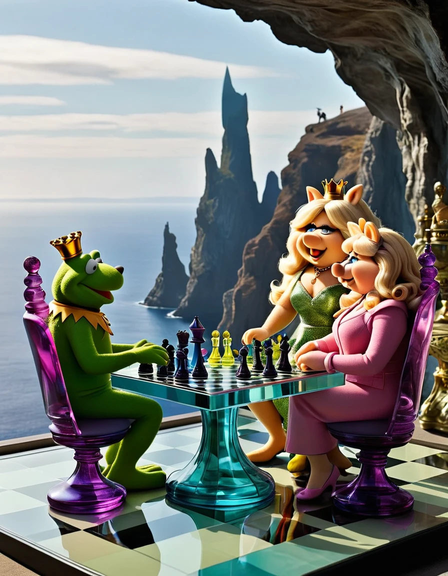 A futuristic cave highrise overlooking mountains & the sea behind them is a large semi transparent colored glass chess set with an erothic theme. Each chess piece has a very subtle errotic shape, Kermit, Sweetums, Fozzie, Gonzo and Miss Piggy, dressed in animal skins sitting on a chair around chess board