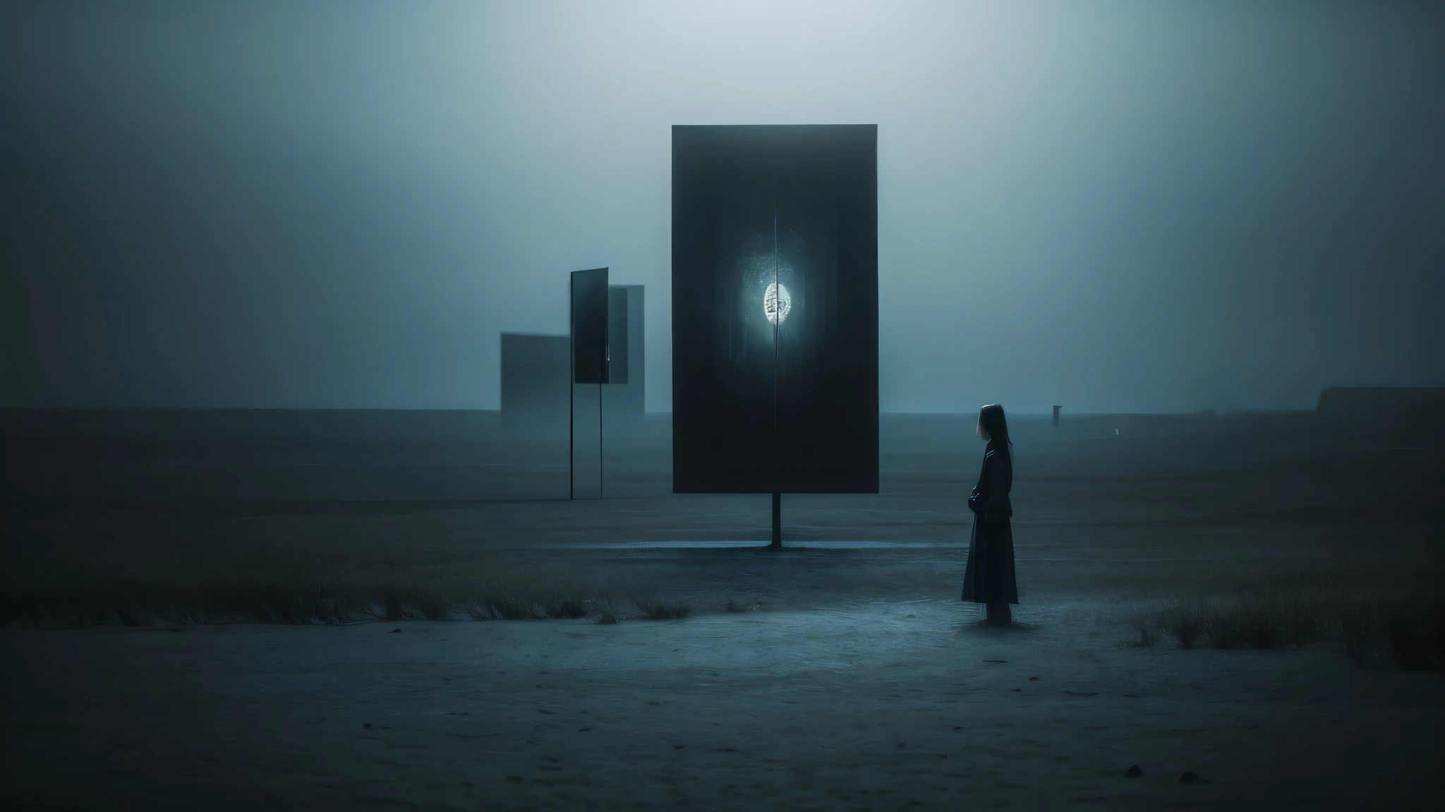 surreal image that conveys deep sadness, melancholy and isolation. Imagine a desolate landscape under a gloomy sky, where the colors are dull and the atmosphere feels heavy. In the center, place a solitary figure whose body appears to disintegrate in the wind, symbolizing a sense of disappearance. Surround this figure with surreal elements, such as floating clocks, distorted mirrors, and ethereal shadows that reflect a dreamlike quality. Ensure the overall composition evokes a feeling of deep loneliness and introspection, with intricate details drawing the viewer into a world of haunting beauty and emotional depth from the dark underworld landscape of my dreams and nightmares.