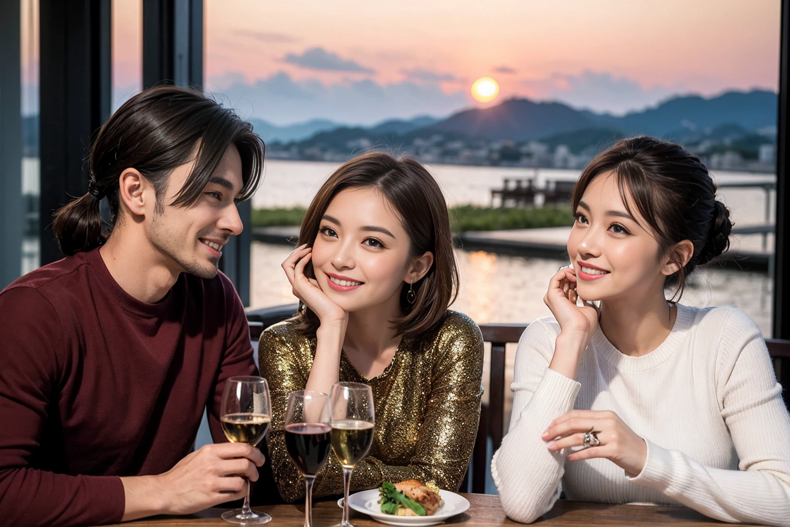 （Realistic:1.2）,(masterpiece,Highest quality)，8k,((men and women)),Age 35,37 years old、最高のsmile、Happy Couple, Full course dinner at the table、Wine Party、wine glass、White wine、sparkling wine、red wine、Upper Body、Tight waist,Perfect ???????, Brown Hair, short hair,Random Hairstyles,Amazing view of the sunset sky and clouds、Long sleeve shirt、dress,((Highly detailed face and eyes:1.2))(Cute Face:1.4)，Beautiful actress face，Perfect golden ratio face，woman&#39;suit、Nice,(smile:1.2)、