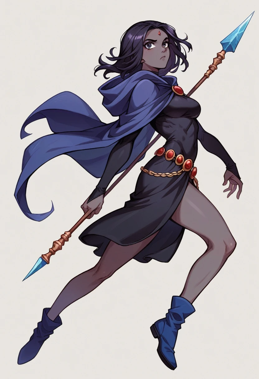 1 adult girl, Raven, black skin black leotard, black cloack, hooded cloak, knee-length Greek skirt, booties, long flowing hair, wavy black hair, forehead jeauel, purples eyes, medieval belt, firm skin, standing, toned, breastsout, battle pose, perspective side view(posando)), Lines of movement, portraite, b&au. Contour, whole body, holding a spear