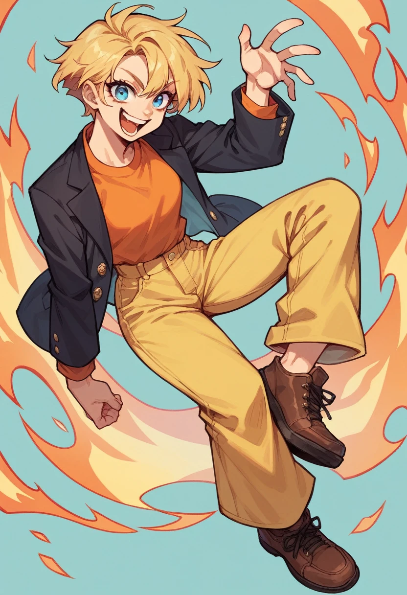 badass girl with long short blonde hair, blue eyes, orange shirt, black blazer, dark yellow pants, brown shoes, happy, with flames