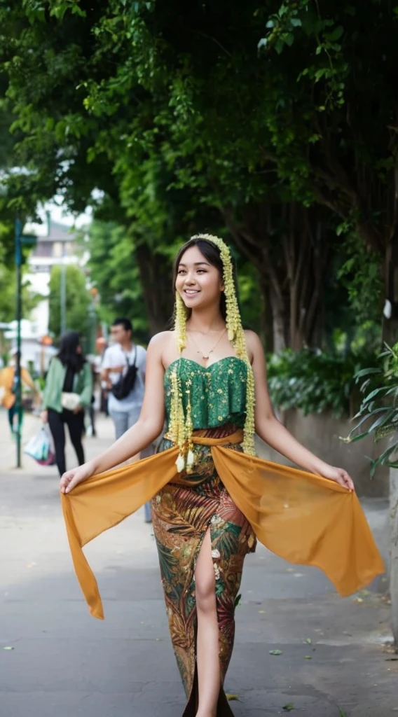 19yo indonesian woman, coed, adult woman, sundress, tight dress, pastel green dress, detailed wavy brown hair, barefoot, full body, exterior French countryside, soft lighting, thick thighs, curvy, thick build, heavy set, big , she is waiting to make love to you, delightful smile, tan skin, cute pose, sunset, golden hour, hands behind her back, coy grin,