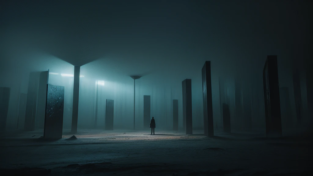 surreal image that conveys deep sadness, melancholy and isolation. Imagine a desolate landscape under a gloomy sky, where the colors are dull and the atmosphere feels heavy. In the center, place a solitary figure whose body appears to disintegrate in the wind, symbolizing a sense of disappearance. Surround this figure with surreal elements, such as floating clocks, distorted mirrors, and ethereal shadows that reflect a dreamlike quality. Ensure the overall composition evokes a feeling of deep loneliness and introspection, with intricate details drawing the viewer into a world of haunting beauty and emotional depth from the dark underworld landscape of my dreams and nightmares.