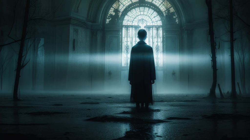 surreal image that conveys deep sadness, melancholy and isolation. Imagine a desolate landscape under a gloomy sky, where the colors are dull and the atmosphere feels heavy. In the center, place a solitary figure whose body appears to disintegrate in the wind, symbolizing a sense of disappearance. Surround this figure with surreal elements, such as floating clocks, distorted mirrors, and ethereal shadows that reflect a dreamlike quality. Ensure the overall composition evokes a feeling of deep loneliness and introspection, with intricate details drawing the viewer into a world of haunting beauty and emotional depth from the dark underworld landscape of my dreams and nightmares.