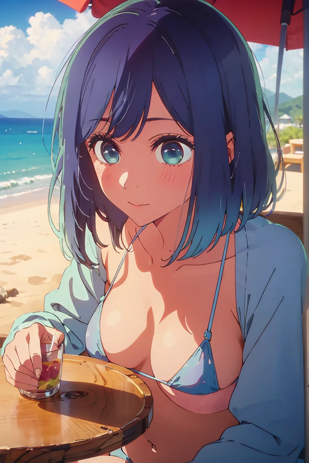 (Highest quality:1.4、masterpiece:1.4、Super detailed:1.4、8k:1.4)、((((1 person、Surprised expression、sit、Cafe Terrace、coastal、juice、table、Sandy Beach、juiceのグラスを持つ、Micro Bikini、Very soft 、Big eyes、Very cute face))))、(big Areolas protrude from micro bikini:1.4)、F cup bust、Medium breast、Underboob