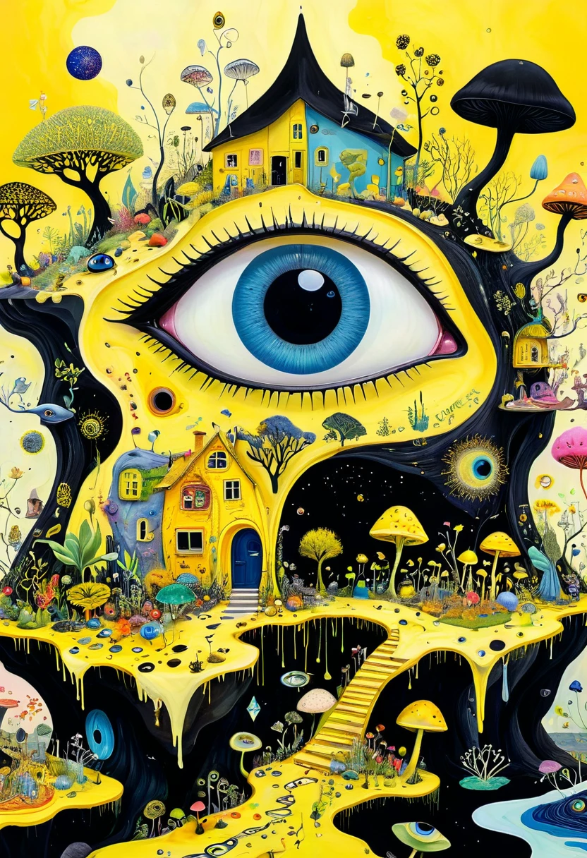 Intense visual fusion of various elements,broto,microorganism、plantar、house、Eye、wild animal life,Stitching an abstract painting,Describing the inner world of autistic people,Sense of space,blank space,interesting,innocence,psychedelic art,yellow and black,3d