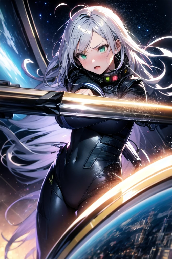 Prompto: A beautiful girl with cat ears and silver hair、Green eyes、Hair is silver、Wearing long clothes: Body-fitting black combat suit Fist is an afterimage Background is a night city She is in a cat-like combat pose Age is 14 Monitor, Dark Night, Sweat, Breath Steam, space, Fight, Dynamic Angle　One Girl