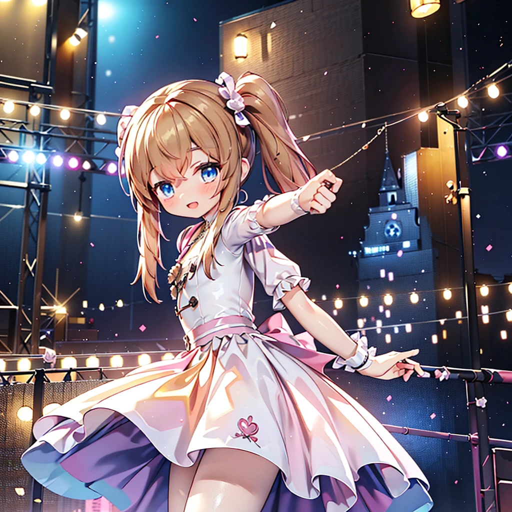 masterpiece, best quality, CG wallpaper, 8k, solo girl, cute, petite, Blue eyes, brown twin tail, yellow dress, open mouth smile, look away and face other side, dance at the stage, neon and led lights, from side 
