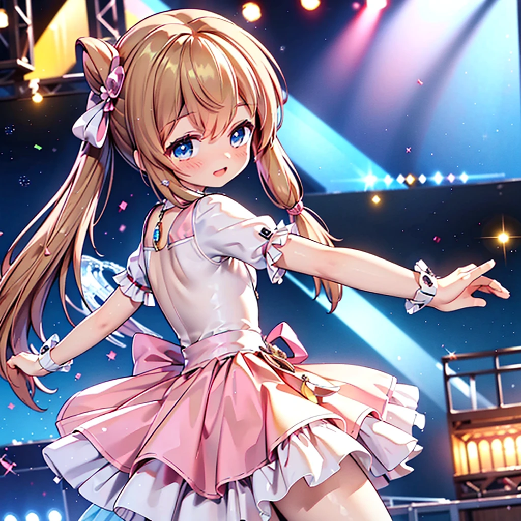 masterpiece, best quality, CG wallpaper, 8k, solo girl, cute, petite, Blue eyes, brown twin tail, yellow dress, open mouth smile, look away and face other side, dance at the stage, neon and led lights, from side