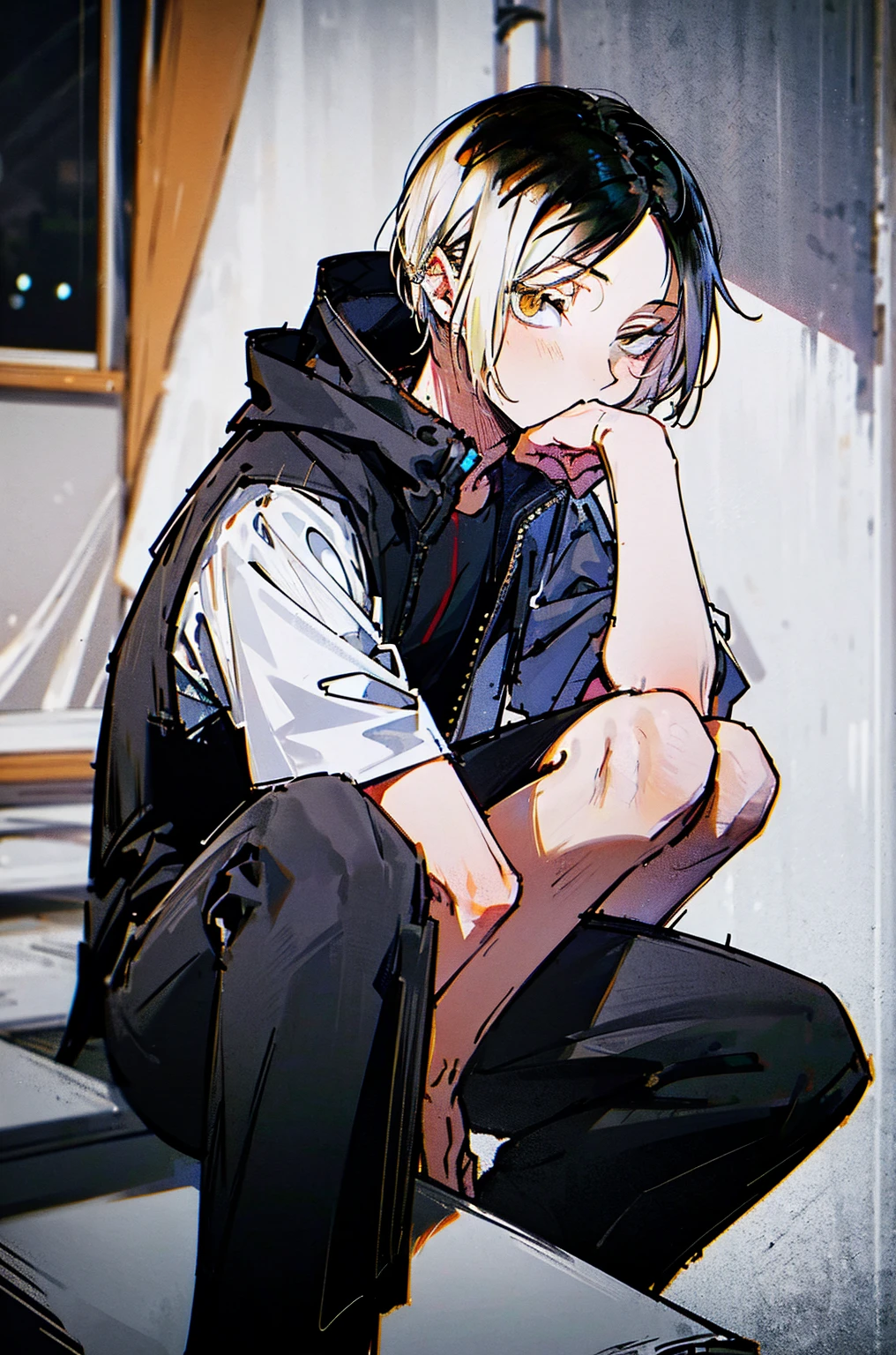 
(hutaodef:1.2),in with h ,white 背，
Kenma Kozume，Lazy，Dark circles，Comfort，Sitting black short sleeve，Pure white coat，Black wide-leg pants，one person，