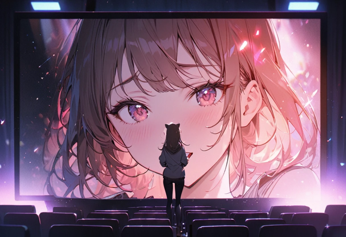 (((in cinema screen Word message Visible of "1111"))), (Projection onto a cinema screen style), BREAK, perfect anatomy, masterpiece, best quality, 16k, beautiful detailed cinema, daydreaming expression.