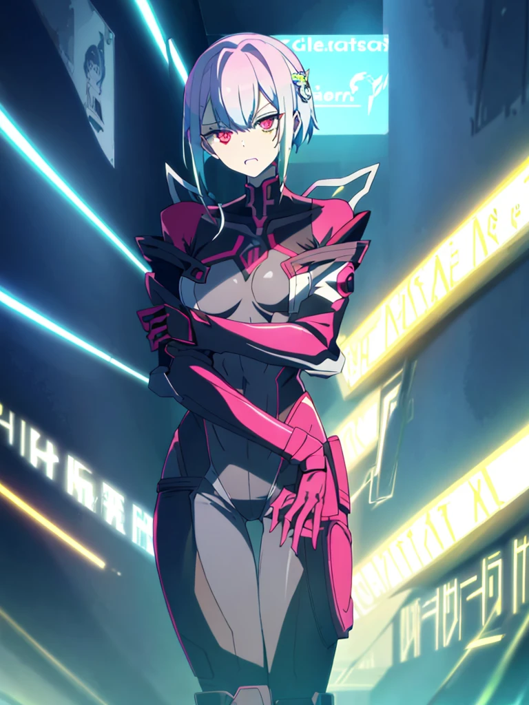 Male, fully cybernetic, enforcer cyborg, mercenary, wearing tactical coat with popped collar, complete cybernetic body and fully cybernetic head, head covered by full-face visor, fully cybernetic form, robotic body, robotic head, fully in frame, standing at attention, hands at sides, lone figure, sole person, Cyberpunk Edgerunners style