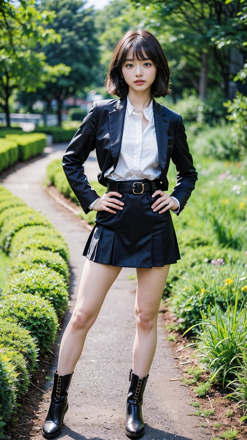 (8k、RAW Photos、Highest quality、masterpiece:1.2)、(Realistic、Realistic)、1 Girl、((suit、Black Mini Skirt、Medium Hair、boots、garden、View from the front、Looking at the camera、belt、Hands on your hips))、cute
