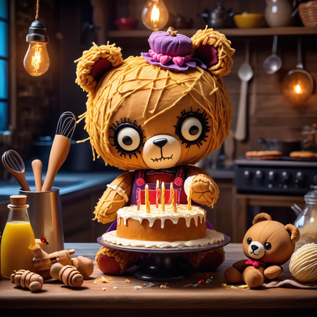 (knitted toy voodoo doll:1.9), (Voodoo Bear Baking a Cake:1.3), (Clothing: apron with honeycomb patterns:1.0), (Accessories: enchanted mixing bowl, glowing frosting:1.2), (background: cozy kitchen with floating, glowing ingredients and mystical light:1.2), best quality, masterpiece, detailed soft oil painting, detailed background, dramatic cinematic lighting, soft edge lighting, professional, dramatic lighting, hard edge lighting, ultra quality, 4k, masterpiece, best quality, 8k, ultra high definition, high resolution, extremely detailed