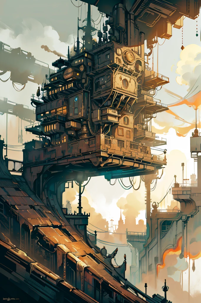 In the desolate valley, there is a prosperous city with a mechanical punk style, top-down view, distant view, retro futurism, a steampunk city street full of high-rise buildings, with steampunk style buildings on both sides and a street in the middle, ultra high definition, 8k,