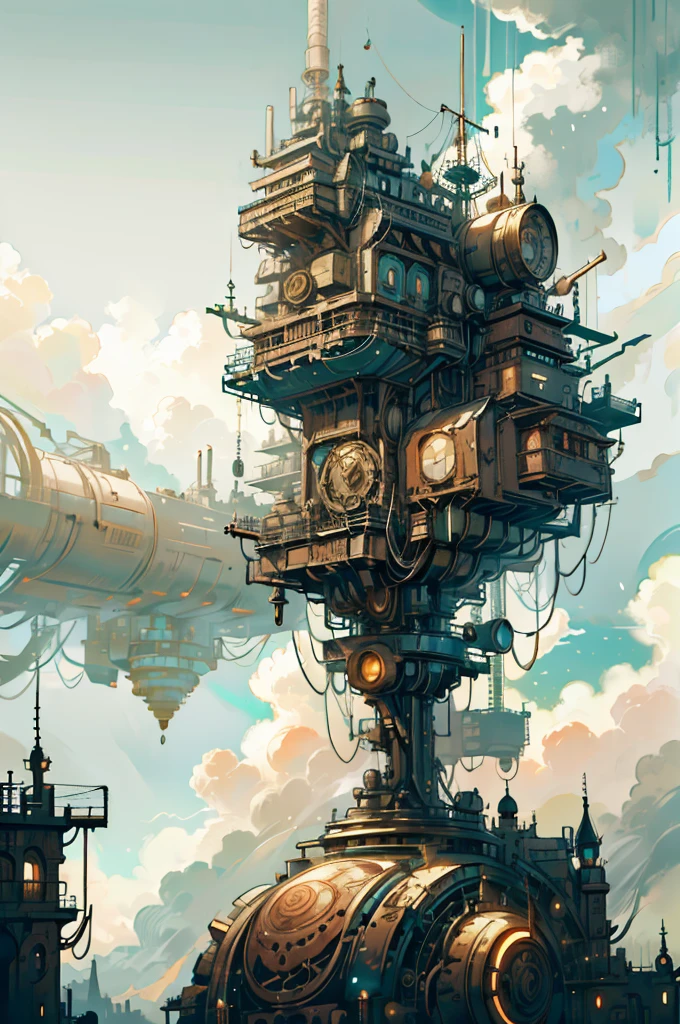 In the desolate valley, there is a prosperous city with a mechanical punk style, top-down view, distant view, retro futurism, a steampunk city street full of high-rise buildings, with steampunk style buildings on both sides and a street in the middle, ultra high definition, 8k,