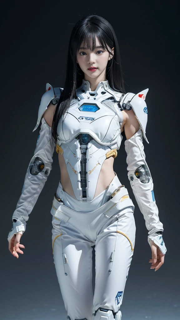 {{best quality, 1080P, Masterpiece, Ultra high resolution, photorealistic photo, ultra realism, Realistic skin texture, Extreme skin detail, dslr, Detailed eyes, blue eyes, Facing the camera, A very beautiful young face, Concise facial structure, Pale skin, Realistic skin texture, Extreme skin detail, oc render reflection textures, Realistic light and shadow, Single picture, alone, beautiful chinese girl face, The body is slim and balanced., Age 20, Height 170, ????? girl, NUDE, sexy pose, no underwear, A girl with the body of a mechanical robot., Transparent futuristic black glass mech armor suit, The mechanical ?????? is attached to the neck., flat stomach, Girl with perfect mechanical arms and legs, full body view, Whole body photo.}}