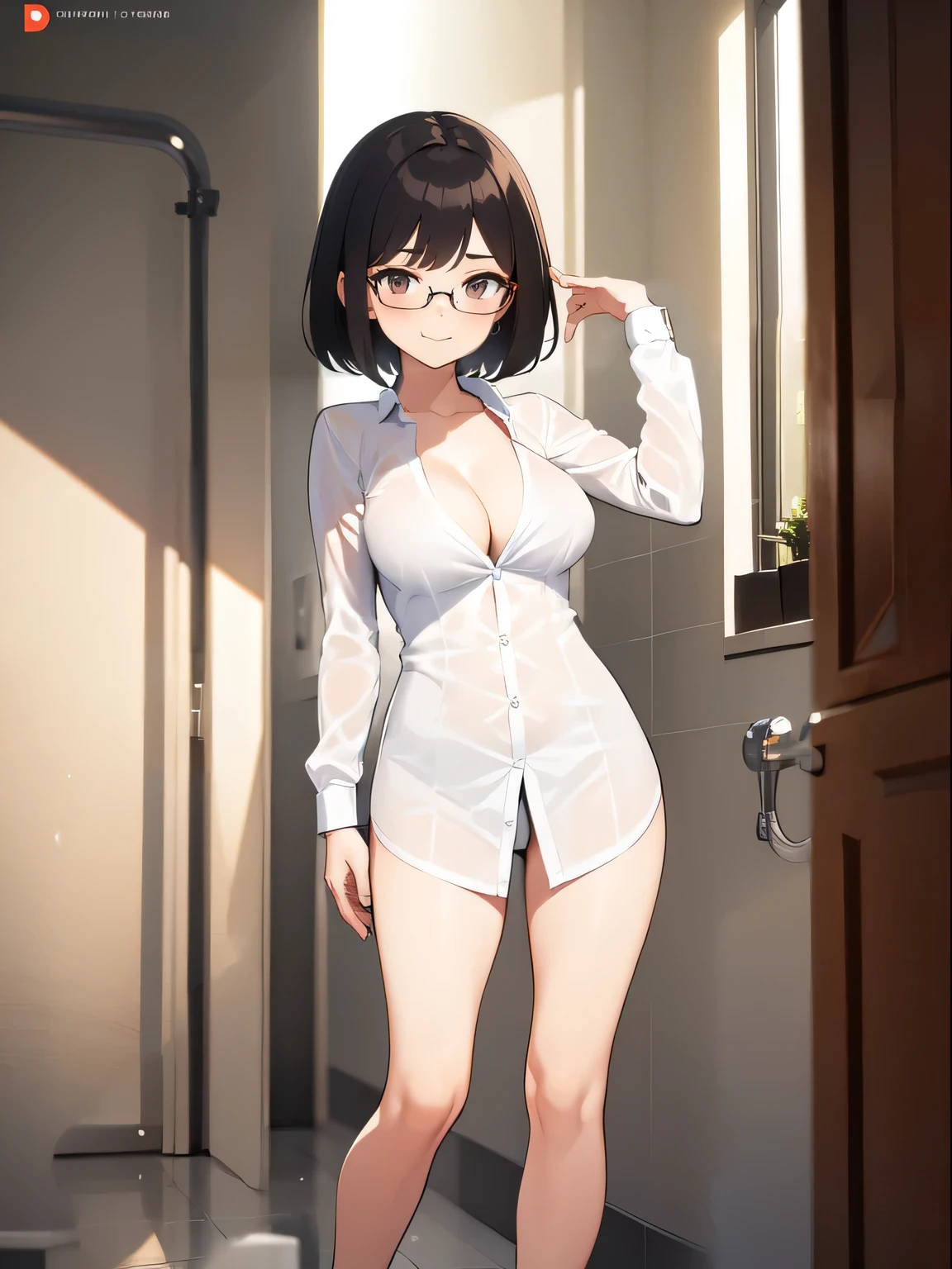 (1girl:1.3), Masterpiece, Best quality, amazing beauty, 4K, absurdres, finely detail, super detailed eye, perfect anatomy, official art, cinematic lighting, BREAK, bathroom, silky bob cut, black hair, super shiny detailed brown eyes, Staring Intently, closed-mouth smile, Eyeshadow, glasses, Looks like fun, BREAK , big breasts, tall, medium, pale skin, Are standing, full body, from front, Bold composition, Dimly light, BREAK , (Shirt button:1.2), (Cleavage is visible:1.2), BREAK,()