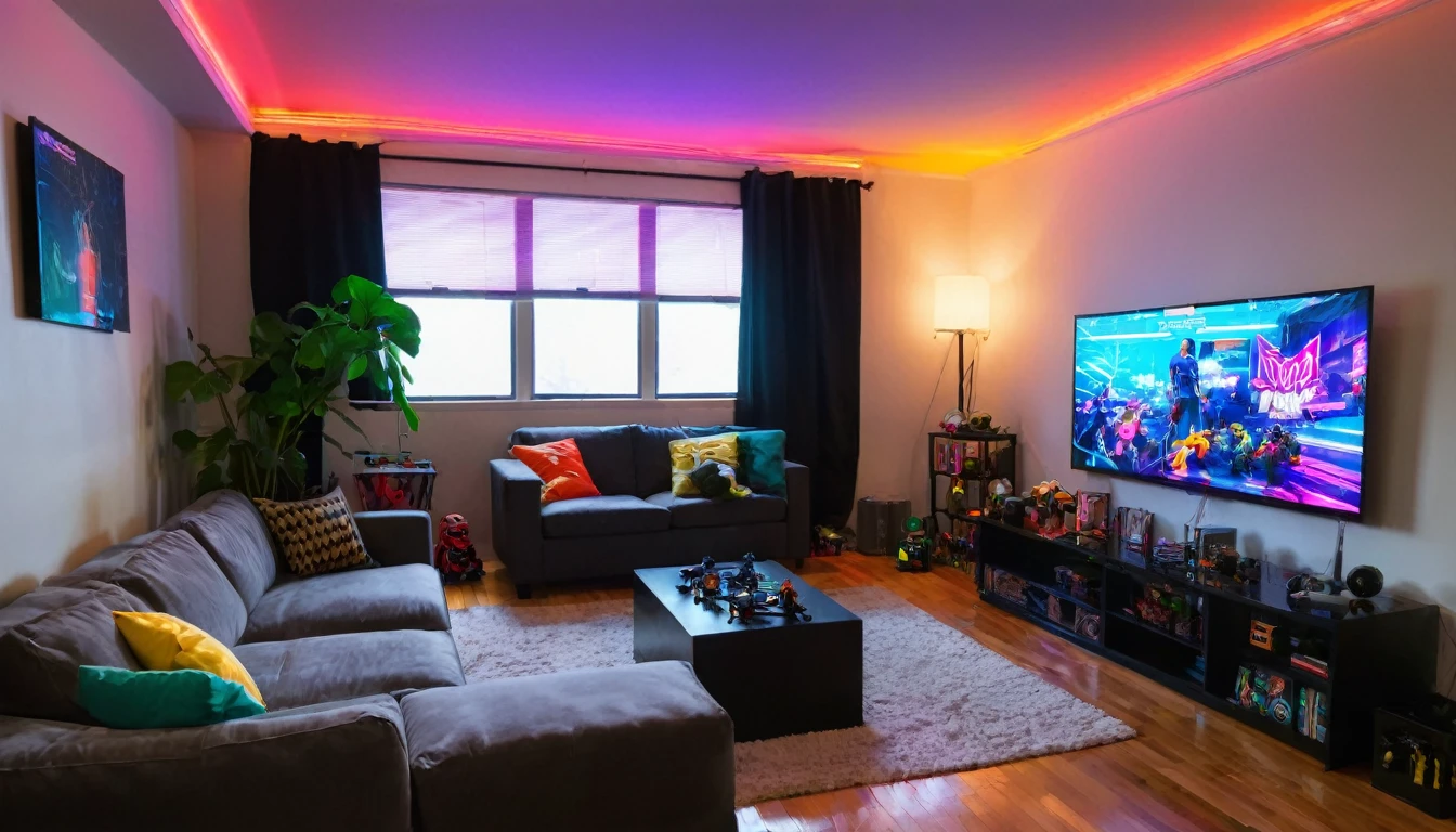 dark small apartment living room with big screen tv , neon lights, games, action figures