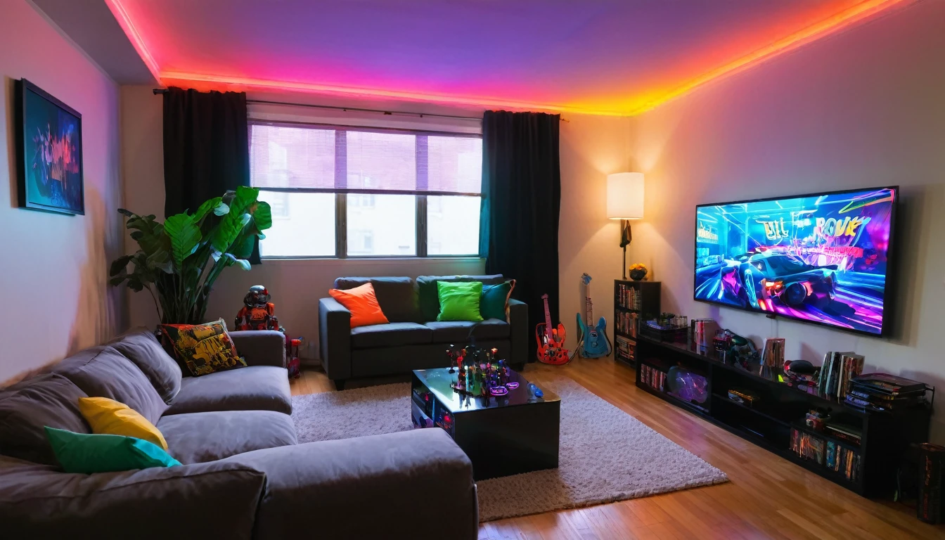 dark small apartment living room with big screen tv , neon lights, games, action figures