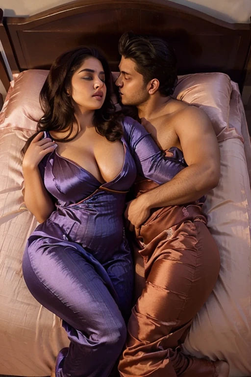 (((Curvy woman in satin salwar))), (((young man an woman lying down))), (((couple))), (((kissing))), (((defined figure))) ((young man lying on woman) (on top), (hugging), (lying on bed) (looking at young man), (curvy), (cheating) (buttock), no shirt, full body,