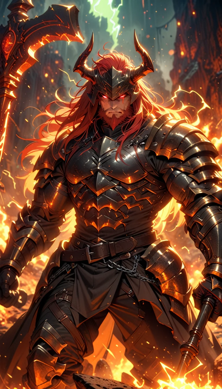 ((best quality)) , ((masterpiece)) , (detailed)，axe, 1boy, male focus, horns, glowing eyes, holding, beard, glowing, solo, weapon, holding axe, facial hair, muscular, fire, holding weapon, chain, looking at viewer, long hair, lightning, muscular male, red hair, horned helmet, armor, helmet, belt, fake horns, molten rock, feet out of frame, standing, battle axe, electricity