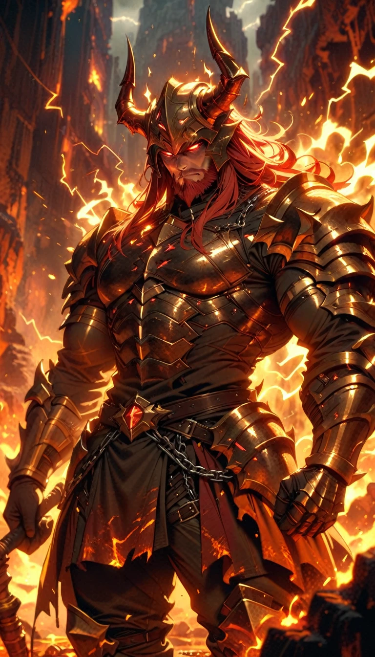 ((best quality)) , ((masterpiece)) , (detailed),axe, 1boy, male focus, horns, glowing eyes, holding, beard, glowing, solo, weapon, holding axe, facial hair, muscular, fire, holding weapon, chain, looking at viewer, long hair, lightning, muscular male, red hair, horned helmet, armor, helmet, belt, fake horns, molten rock, feet out of frame, standing, battle axe, electricity