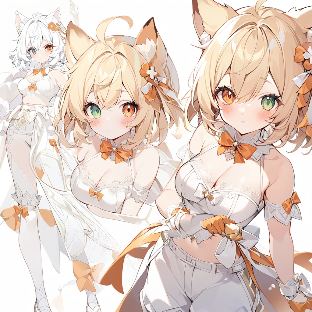 1girl, breasts, looking at viewer, blush, smile, short hair, bangs, blonde hair, simple background, hair ornament, thighhighs, white background, animal ears, cleavage, medium breasts, closed mouth, underwear, green eyes, standing, tail, full body, braid, boots, frills, cat ears, bra, high heels, cat tail, animal ear fluff, bare arms, clothing cutout, multiple views, thigh boots, cleavage cutout, white footwear, underwear only, light brown hair, knee boots, cat girl, short twintails, pom pom (clothes), high heel boots, white bra, paw pose, meme attire, frilled bra, cat cutout, cat lingerie, pom pom hair ornament