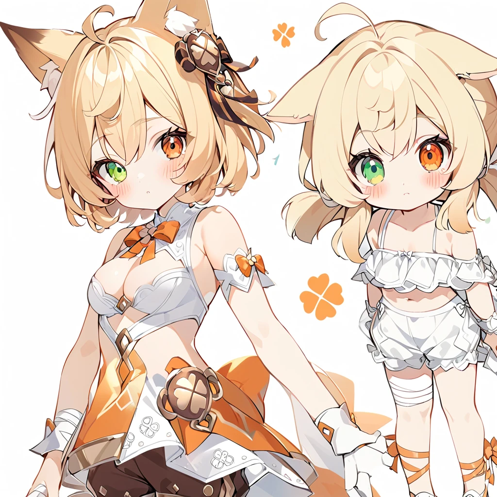 The fox girl,1girl,short hair, The hairstyle is like Klee's,animal ears, bangs, bare shoulders, blonde hair, blush, bow, breasts, white cleavage, cropped torso, , green eyes, hair ribbon, heterochromia, , looking at viewer, , orange bow, orange eyes, orange ribbon,  ribbon, solo, stuffed animal, , , twintails, upper body, full-length, white legbands, white shoes with lace and white bows, white background, wrist cuffs, yellow eyes, bloomers, close-up, fair skin frills, lace, midriff, skirt, solo, , white background,shorts, white top with ribbon and lace and trousers,trousers, genshin,white slippers with a bow,All clothes are white, laceAt full height, it stands,bandaged hands, short hair , ankle lace-up, ankle ribbon, bow, leg ribbon, lineart, , shoes, , standing, , white bow, white footwear,