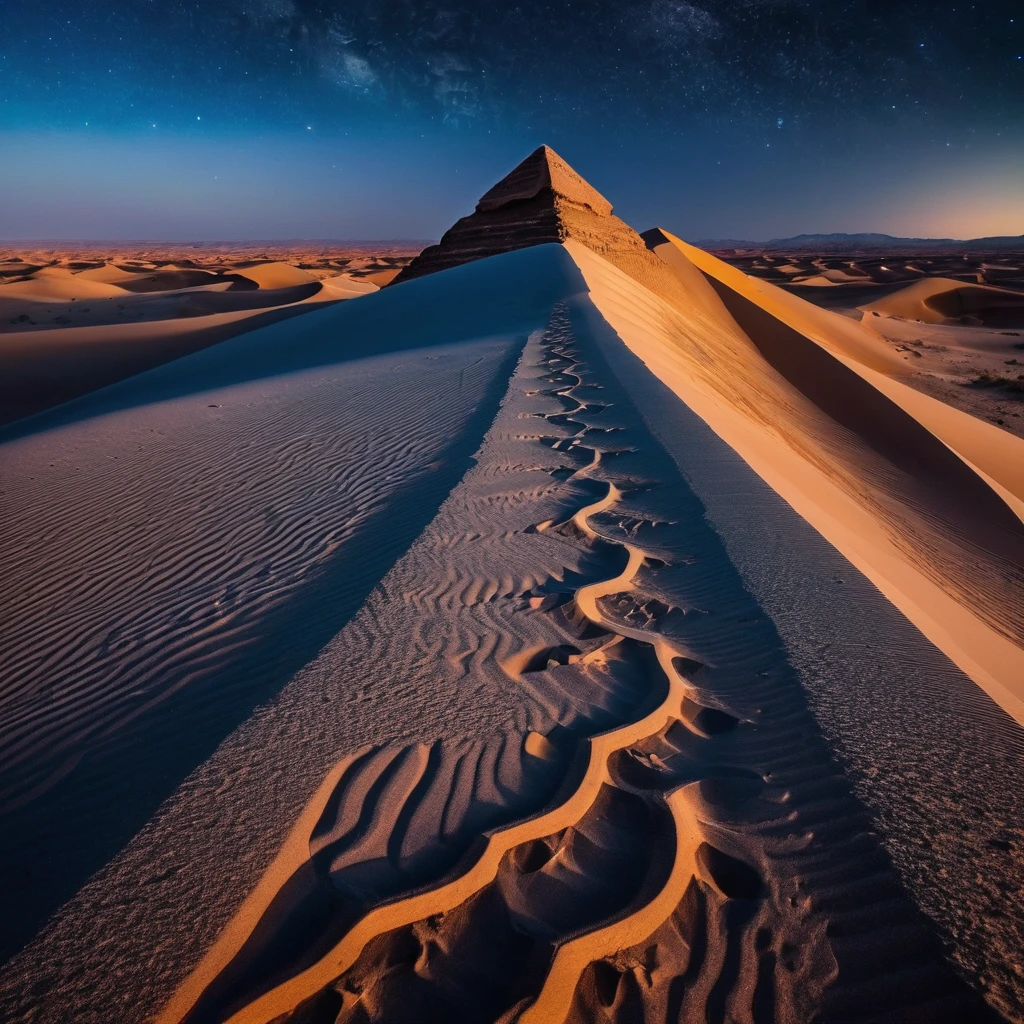 Foreground a vast desert with beautiful dunes which have different sizes, some larger than others, These look like fine, soft sand., It seems that they are moved by a delicate wind, plays with the shadows that they cast.

From the camera angle it appears to be a first-person shot., Well, it is from the visual perspective as if I were looking straight at the entire scene., From that angle you can see a straight translucent path of different colors that makes its way through the middle of the desert..

This translucent path of colors takes the viewer to a colossal pyramid that is in full radiance., This pyramid has a particular shape since from the front it can be seen that it has many steps that lead to what appears to be a flat base and that it has a large statuette carved in stone of two intertwined snakes that form the figure of human DNA.. 

This landscape is wrapped in a night atmosphere where the observable sky is illuminated by stars and nebulas of beautiful colors., which means that the landscape was from a very early period in that place.

The image details are impressive, It seems like a landscape out of this time and plane, Something incredible 