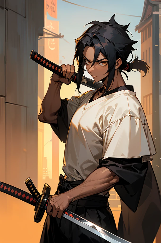 1male, teenager, muscular, muscle, black hair, medium length hair, dreads, bright golden eyes, calm expression, white t-shirt, black joggers, red jordans, dark skin, caramel skin, black skin, standing on street, hands to side, city background, detailed background, buildings, streets, stores, detailed face, facing viewer, (((katana, samurai, swordsman)))
